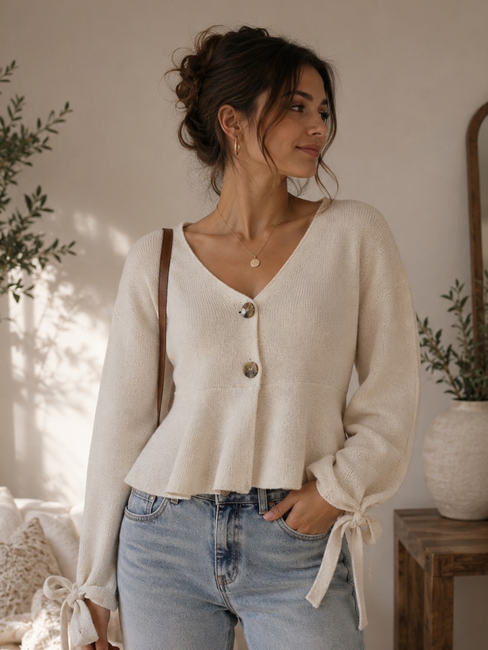 VENUS Women's Elegant Tie Sleeve Peplum Knit Sweater Cream Size Small